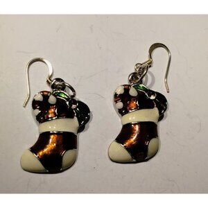 Christmas Stocking Earrings Dangle Drop Hook Silver Vintage Enamel Red White